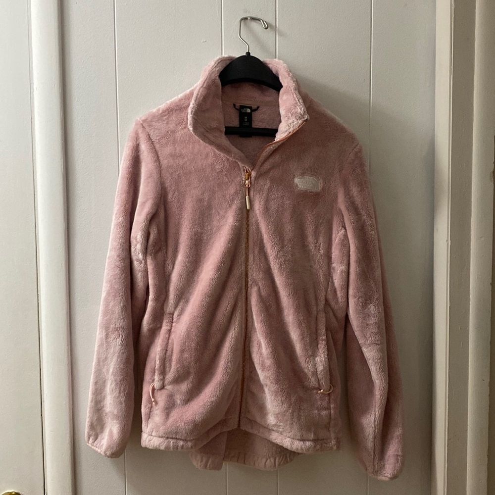 Pastel pink fuzzy rose gold zipper full zip fleece